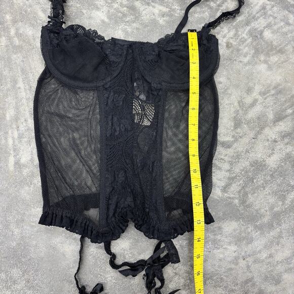 VTG Victoria's Secret Black Corset Garter Bustier 36B Sheer Lace Gold Label gx - Picture 7 of 10